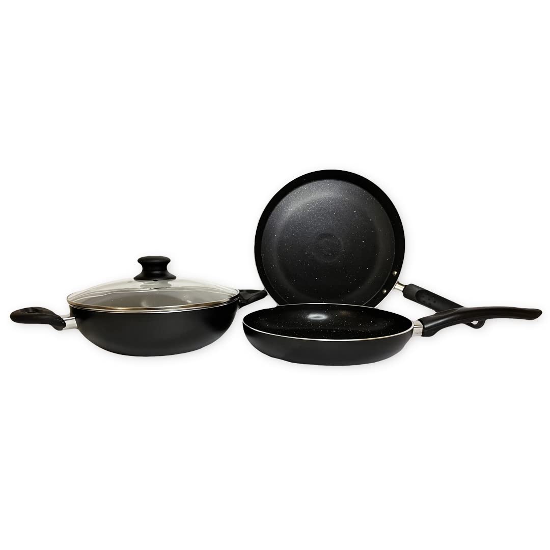 SAVYA HOME 3 Piece Non Stick Set | Non Stick Tawa 2.4mm | Non Stick Kadai | Frying Pan Non Stick | with Lid | Stove & Induction Cookware| 3 Layer Coating Non Stick Set Combo | 2 Year Warranty - Black