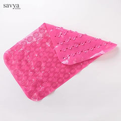 Savya Home Anti Skid Bath Mat for Bathroom, PVC Bath Mat with Suction Cup, Machine Washable Floor Mat (67x37 cm)| Light Green & Pink