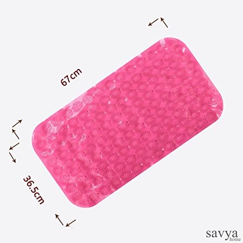 Savya Home Anti Skid Bath Mat for Bathroom, PVC Bath Mat with Suction Cup, Machine Washable Floor Mat (67x37 cm)| Light Green & Pink