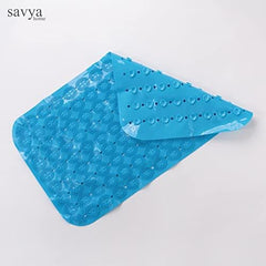 Savya Home Anti Skid Bath Mat for Bathroom, PVC Bath Mat with Suction Cup, Machine Washable Floor Mat (67x37 cm)| Light Blue & Blue