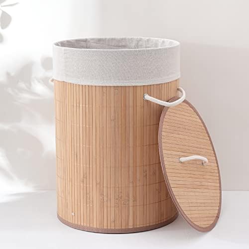 SAVYA HOME Round Bamboo Laundry basket with Lid | Laundry Basket for Clothes | Foldable & Durable | Perfect Organiser for Clothes, Toys, Beige (3)