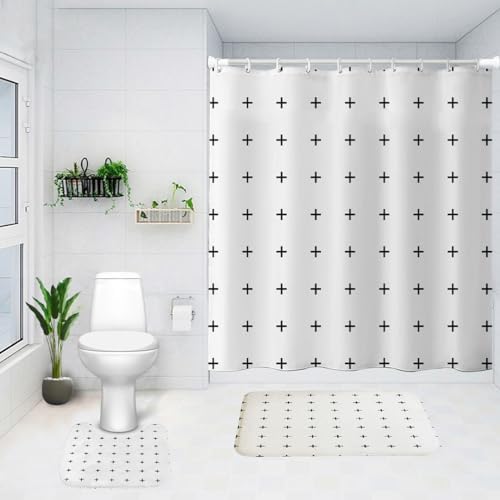 SAVYA HOME Shower Curtain (1) & Bathroom Mat (2) Set, Shower Curtains for Bathroom I, Waterproof Fabric I Anti Skid Mat for Bathroom Floor I Black White Cross, Pack of 3