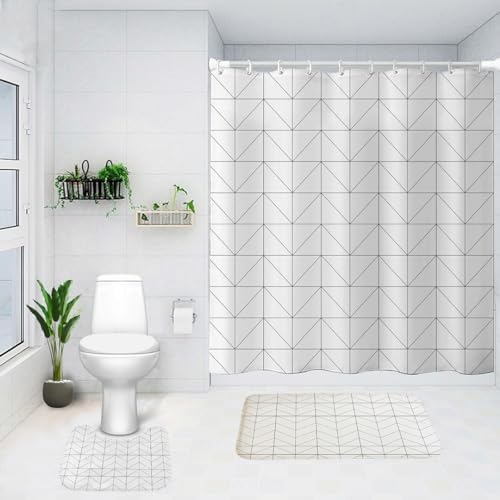 SAVYA HOME Shower Curtain (1) & Bathroom Mat (2) Set, Shower Curtains for Bathroom I, Waterproof Fabric I Anti Skid Mat for Bathroom Floor I Lattice Cube, Pack of 3