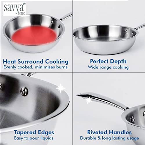 SAVYA HOME® Triply Kadai with SS Lid 20cm, Triply Saucepan with SS Lid 16cm & Triply FryPan 20cm 1.2 LTR Combo | Heat Surround Cooking | Stove & Induction Cookware |