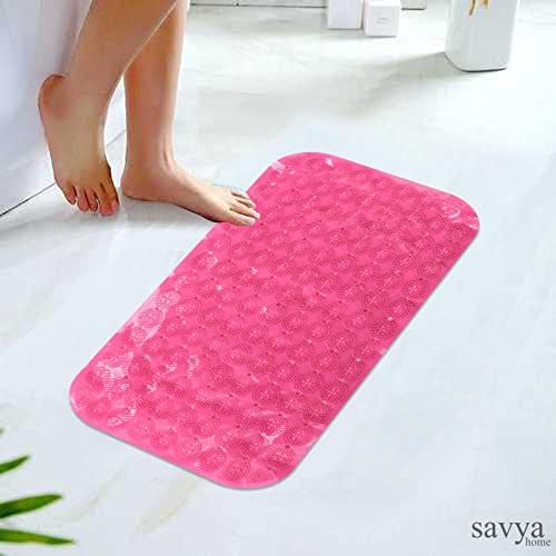 Savya Home Anti Skid Bath Mat for Bathroom, PVC Bath Mat with Suction Cup, Machine Washable Floor Mat (67x37 cm)| Light Green & Pink