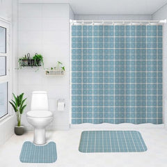 SAVYA HOME Shower Curtain (1) & Bathroom Mat (2) Set, Shower Curtains for Bathroom I, Waterproof Fabric I Anti Skid Mat for Bathroom Floor I Blue Checks, Pack of 3