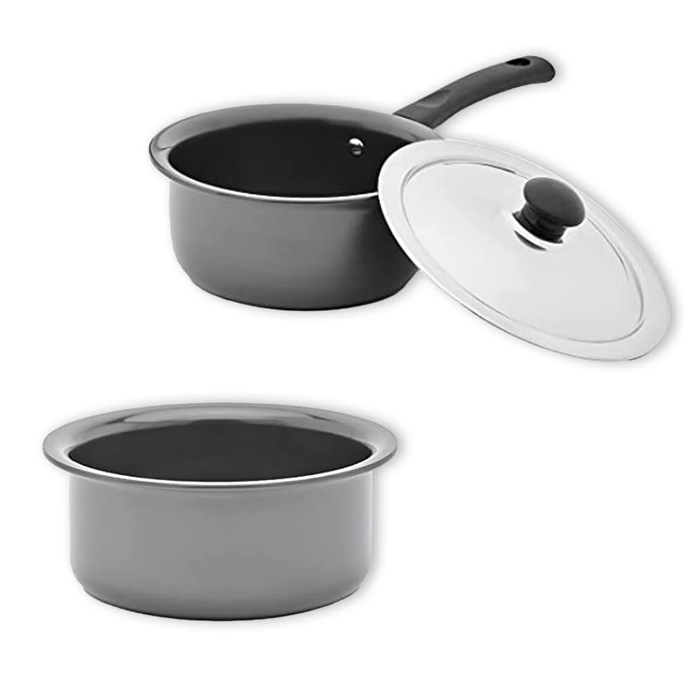 SAVYA HOME® Hard Anodised Tope (16 cm) - 1 L & Hard Anodised Saucepan with lid (16 cm) - 1 L Combo | Set of 2 |Heat Surround Cooking | Gas & Induction Cookware | Black