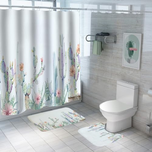 SAVYA HOME Shower Curtain (1) & Bathroom Mat (2) Set, Shower Curtains for Bathroom I, Waterproof Fabric I Anti Skid Mat for Bathroom Floor I Cactus Flower, Pack of 3