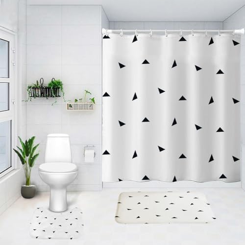 SAVYA HOME Shower Curtain (1) & Bathroom Mat (2) Set, Shower Curtains for Bathroom I, Waterproof Fabric I Anti Skid Mat for Bathroom Floor I Black Triangle, Pack of 3