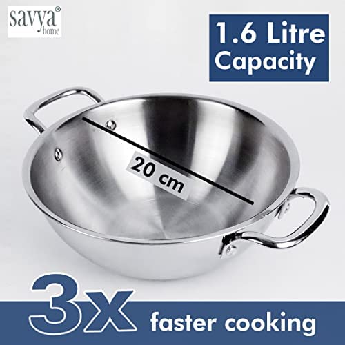 SAVYA HOME®Triply Tope with SS Lid (16cm)- 1.5 LTR, Triply Kadai with SS Lid (20cm)-1.6 L Combo | Stove & Induction Cookware |Heat Surround Cooking | Triply Stainless Steel cookware with lid