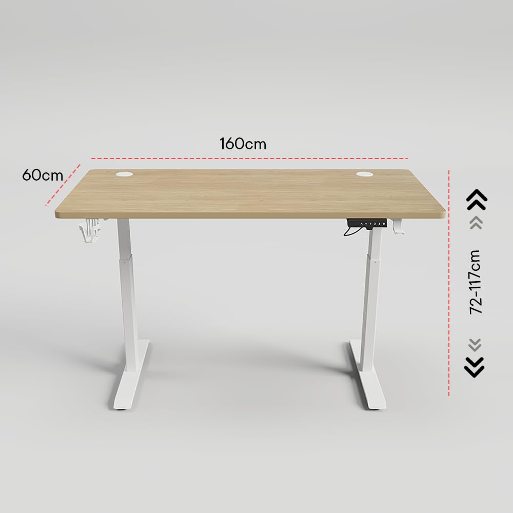 SAVYA HOME Electric Height Adj. Engineered Wood Desk, Ergonomic Sit-Stand Desk, Digital Display with Memory Preset Option, Cup Holder & Earphone Hook (160 * 60*(72-117) cm), Beige Walnut