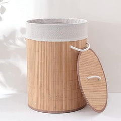 SAVYA HOME Round Bamboo Laundry basket with Lid | Laundry Basket for Clothes | Foldable & Durable | Perfect Organiser for Clothes, Toys, Beige (1) (1)