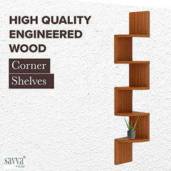 SAVYA HOME® Set Top Box (Walnut) & 5-Tier Corner Wall Shelf Zig zag (Brown) Combo | Durable & Long Lasting | Engineered Wood | Home & Office Furniture | DIY Assemble