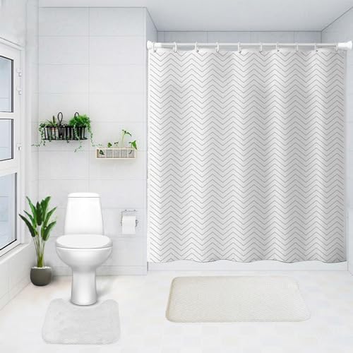 SAVYA HOME Shower Curtain (1) & Bathroom Mat (2) Set, Shower Curtains for Bathroom I, Waterproof Fabric I Anti Skid Mat for Bathroom Floor I Black Zig Zag, Pack of 3