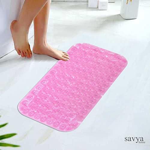 Savya Home Anti Skid Bath Mat for Bathroom, PVC Bath Mat with Suction Cup, Machine Washable Floor Mat (67x37 cm)| Light Green & Light Pink