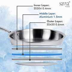 SAVYA HOME® Triply Kadai with SS Lid 20cm 1.6 L & Triply FryPan 22cm 1.5 L Combo | Heat Surround Cooking |Stove & Induction Cookware | Triply Stainless Steel cookware with lid