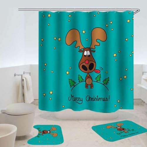 SAVYA HOME Shower Curtain (1) & Bathroom Mat (2) Set, Shower Curtains for Bathroom I, Waterproof Fabric I Anti Skid Mat for Bathroom Floor I Reindeer Print, Pack of 3