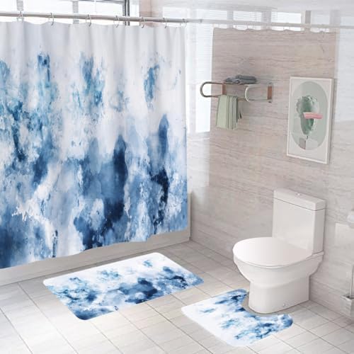 SAVYA HOME Shower Curtain (1) & Bathroom Mat (2) Set, Shower Curtains for Bathroom I, Waterproof Fabric I Anti Skid Mat for Bathroom Floor I Blue Marble, Pack of 3