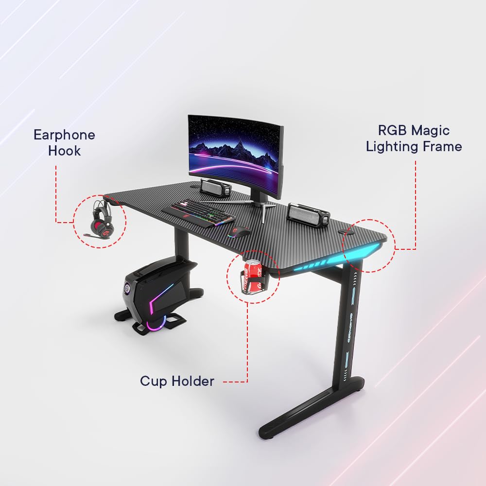 SAVYA HOME Multipurpose Engineered Wood Table Desk, DIY Desk with RGB Lighting, Cup Holder & Earphone Hook (140 * 60 * 74 cm), Black