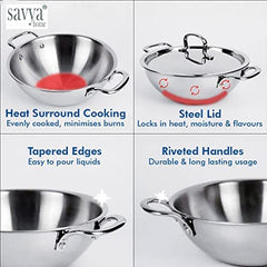 SAVYA HOME® Triply Kadai with SS Lid 20cm, Triply Saucepan with SS Lid 16cm & Triply FryPan 20cm 1.2 LTR Combo | Heat Surround Cooking | Stove & Induction Cookware |