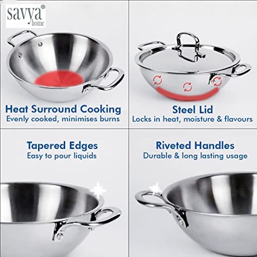SAVYA HOME®Triply Tope with SS Lid (16cm)- 1.5 LTR, Triply Kadai with SS Lid (20cm)-1.6 L Combo | Stove & Induction Cookware |Heat Surround Cooking | Triply Stainless Steel cookware with lid