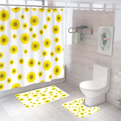 SAVYA HOME Shower Curtain (1) & Bathroom Mat (2) Set, Shower Curtains for Bathroom I, Waterproof Fabric I Anti Skid Mat for Bathroom Floor I Sunflower Print, Pack of 3