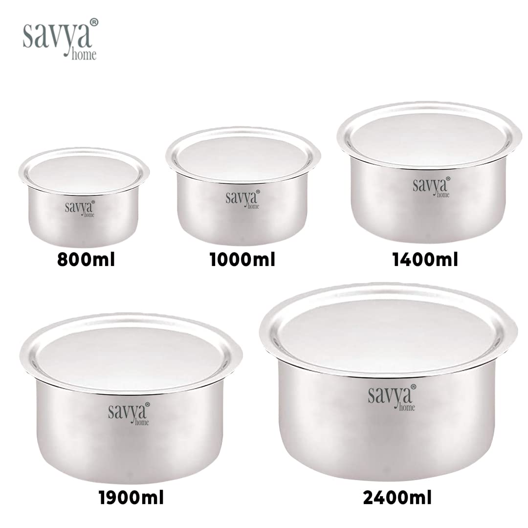 SAVYA HOME Stainless Steel Tope Set with Lid | Food Grade Stainless Steel, Durable & Wobble Free Base | Flat Bottom & Multipurpose | Suitable for Gas & Induction Stove | Tope Kitchen Set of 5 - Assorted