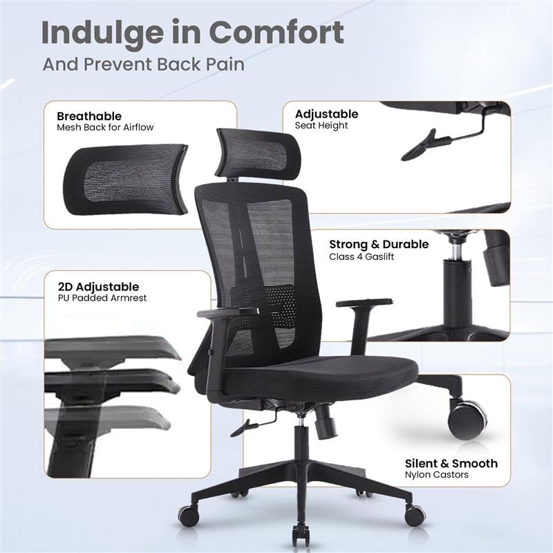 SAVYA HOME Meridian Office Chair, High Back Mesh Ergonomic Chair for Office Work at Home/Study Chair with 2D Adjustable Armrests, Height Adjustable seat, 135° Recliner Chair, Black