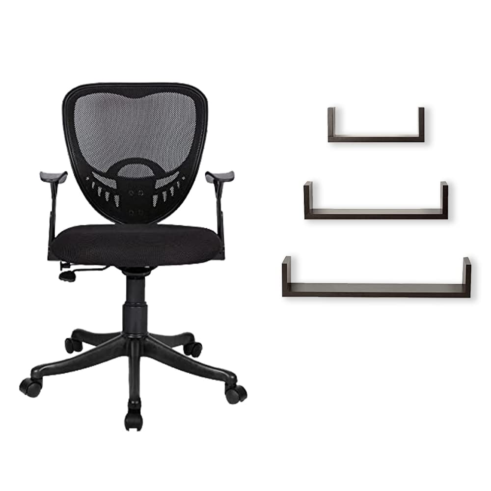 SAVYA HOME® Delta Executive Ergonomic Office Chair & U-Shaped Wooden Wall Mounted Shelves (Set of 3 - Black) Combo | Durable & Long Lasting | Home & Office Furniture | DIY Assemble