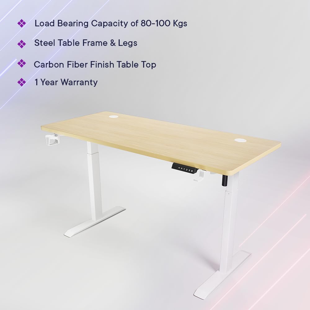 SAVYA HOME Electric Height Adjustable Engineered Wood Desk, Ergonomic Sit-Stand Desk with Digital Display with Memory Preset Option, Cup Holder & Headphone Hook (140 * 60*(72-117) cm), Beige Walnut