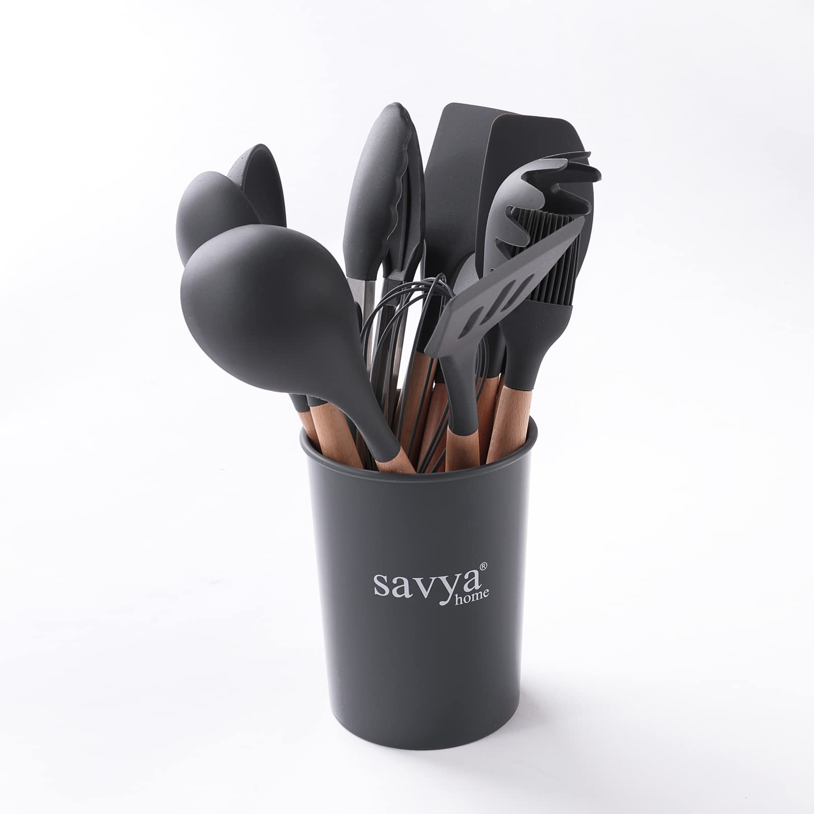SAVYA HOME Silicon Spatula Set | BPA-Free & Food Grade Silicon | Non-Stick Cookware Set of 12 | Cooking & Baking Essentials | Heat Resistant | Dishwasher Safe | Dark Grey