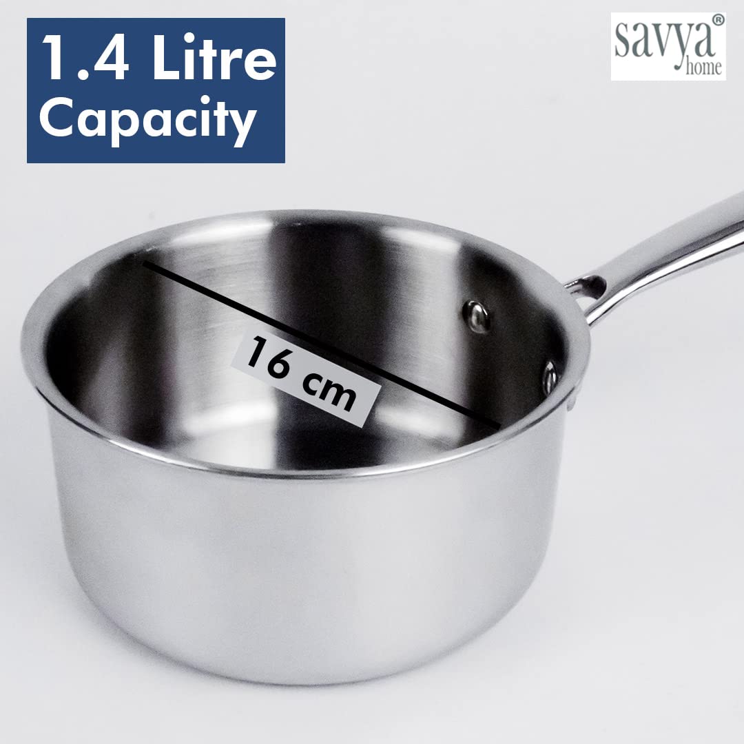 Savya Home Triply Stainless Steel Sauce pan with Lid | 16 cm | 1.4 L | Stove & Induction Cookware | Heat Surround Cooking | Easy Grip Handles | Stainless Steel Sauce pan with Handle