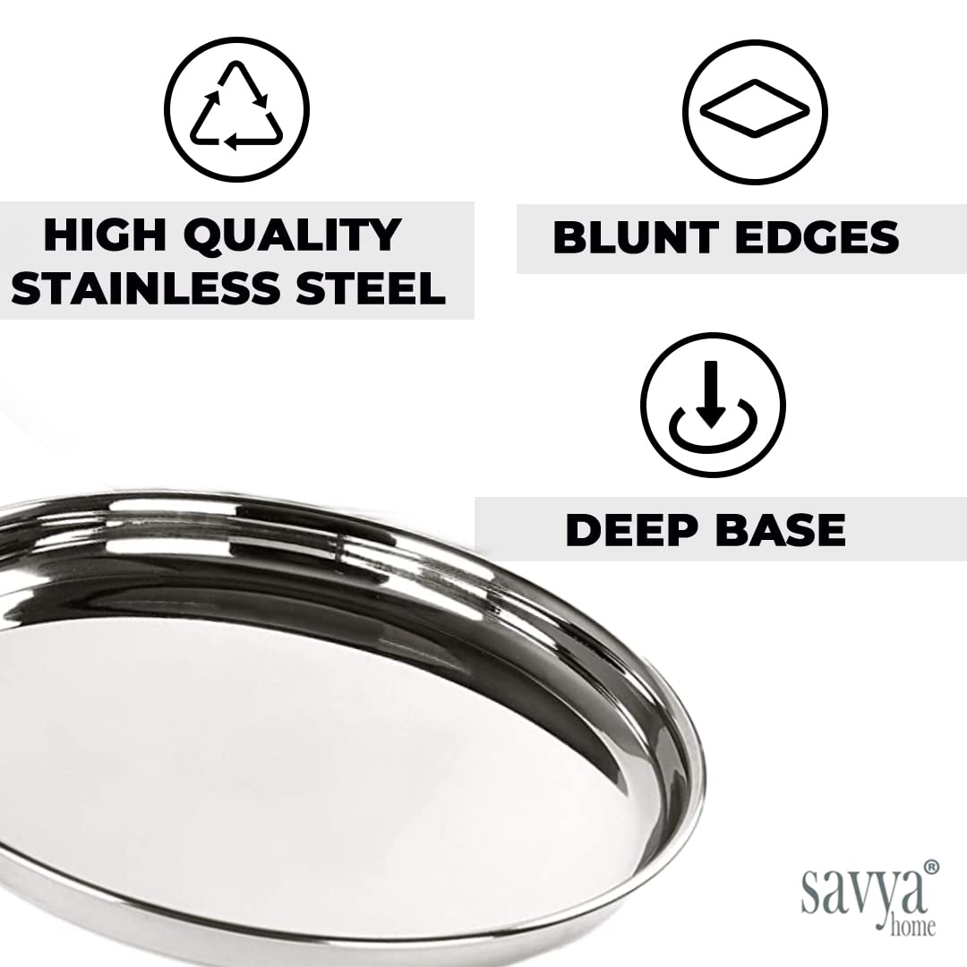 SAVYA HOME 4 Pcs big Plate Set | Stainless Steel Dining Plate Set | Stainless Steel, Blunt Edges, Deep Base | Glossy Finish, Durable, Easy to Clean, Stackable | Steel Plates for Lunch, Breakfast, Dinner