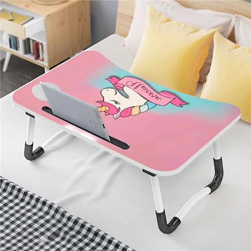 SAVYA HOME Multi-Purpose Portable Laptop Table, Foldable Wooden Desk for Bed Tray, Laptop Table, Study Table with Mug Holder, Ergonomic, Non-Slip Legs, Breakfast in Bed Table, Unicorn