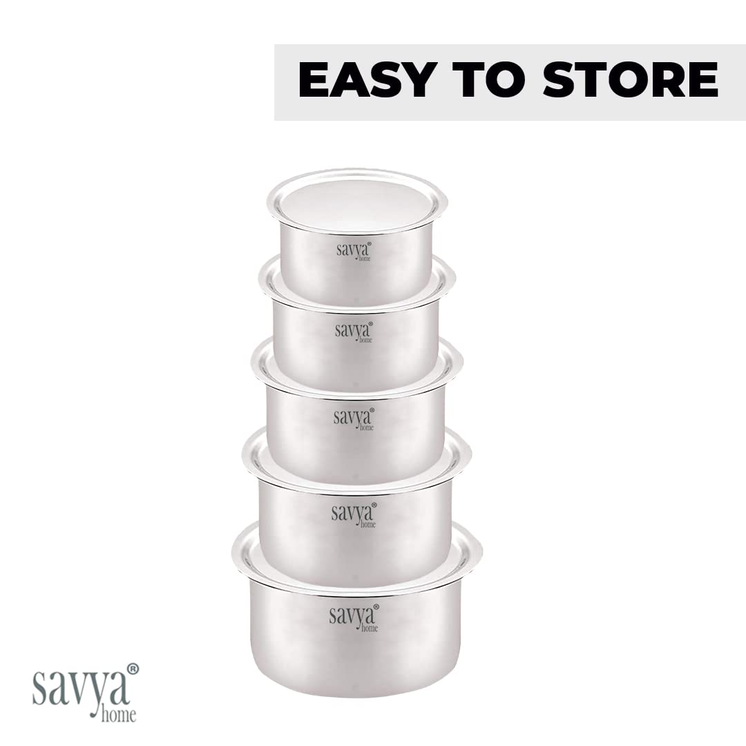 SAVYA HOME Stainless Steel Tope Set with Lid | Food Grade Stainless Steel, Durable & Wobble Free Base | Flat Bottom & Multipurpose | Suitable for Gas & Induction Stove | Tope Kitchen Set of 5 - Assorted