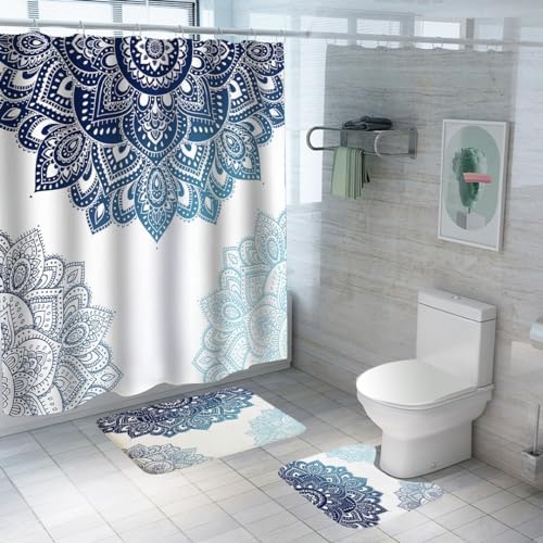 SAVYA HOME Shower Curtain (1) & Bathroom Mat (2) Set, Shower Curtains for Bathroom I, Waterproof Fabric I Anti Skid Mat for Bathroom Floor I Blue Mandala, Pack of 3