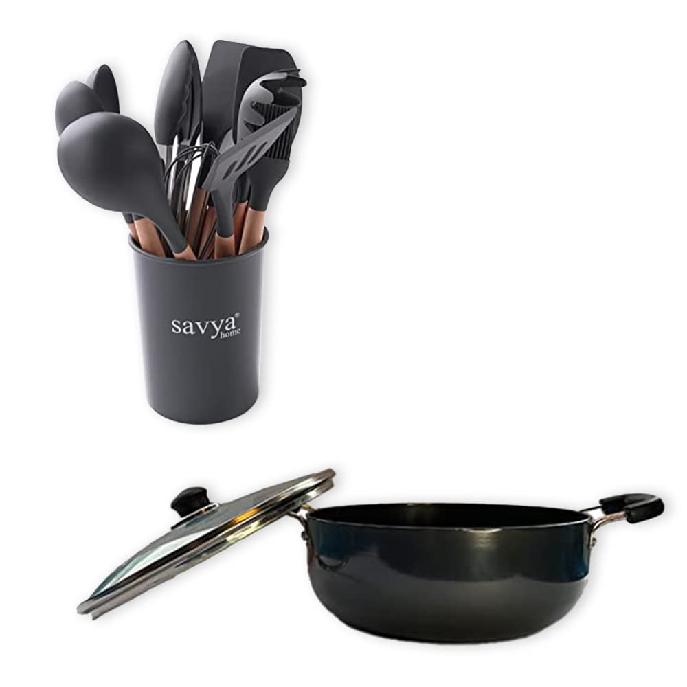 SAVYA HOME® Hard Anodised Aluminium Kadai with Lid (26 cm) - 2.8 L & 12-Piece Silicon Spatula Set Combo | Heat Surround Cooking | Gas & Induction Cookware | Black