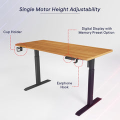 SAVYA HOME Multipurpose Electric Height Adj. Engineered Wood Table Desk, Ergonomic Sit-Stand Desk, Digital Display with Memory Preset Option, Cup Holder & Earphone Hook (140 * 60*(72-117) cm), Walnut