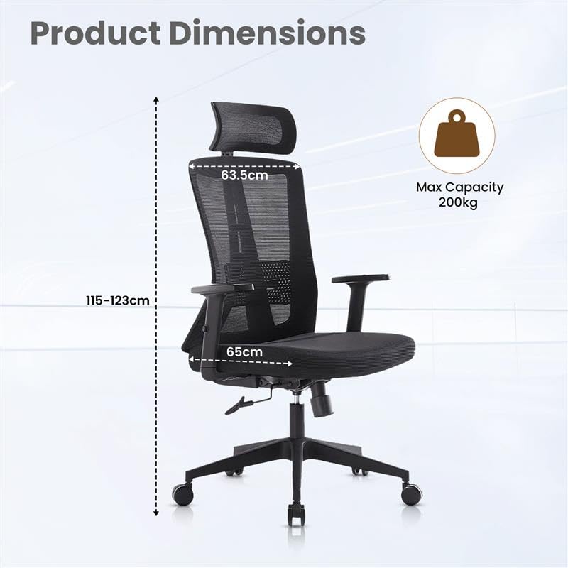 SAVYA HOME Meridian Office Chair, High Back Mesh Ergonomic Chair for Office Work at Home/Study Chair with 2D Adjustable Armrests, Height Adjustable seat, 135° Recliner Chair, Black