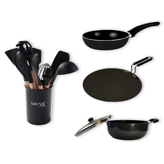SAVYA HOME® Hard Anodised Roti Tawa - 25cm, Hard Anodised Deep Kadai 20cm, Non Stick Fry Pan - (22cm) - 2.3m & 12-Piece Silicon Spatula Set Combo | Stove & Induction Cookware |Heat Surround Cooking |