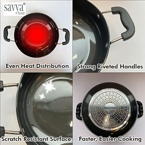 SAVYA HOME® Hard Anodised Aluminium Kadai with Lid (20 cm) - 2.4 L & (26cm) - 4.4 L Combo | Set of 2 |Heat Surround Cooking | Gas & Induction Cookware | Black