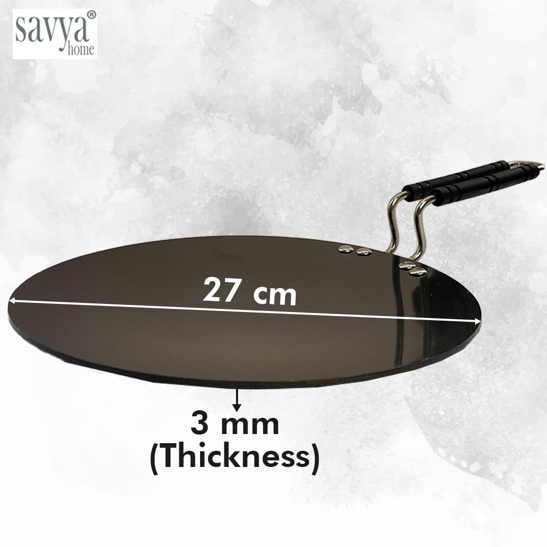 SAVYA HOME Hard Anodized Roti Tawa with Handle | 25 cm Diameter | High Grade Aluminium | Scratch Resistant Surface | Riveted Handles | Roti & Dosa Tawa | Black Color (Large)