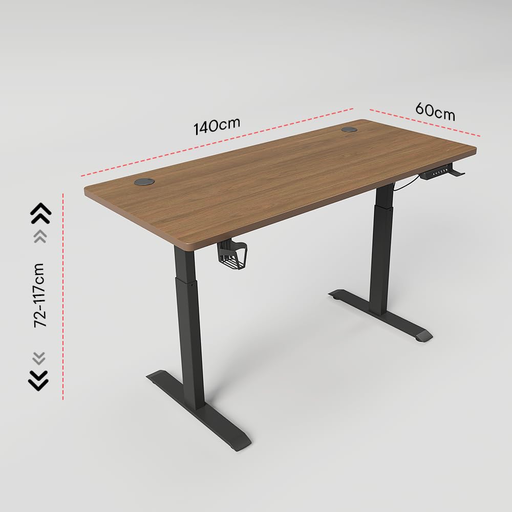 SAVYA HOME Multipurpose Electric Height Adj. Engineered Wood Table Desk, Ergonomic Sit-Stand Desk, Digital Display with Memory Preset Option, Cup Holder & Earphone Hook (140 * 60*(72-117) cm), Walnut