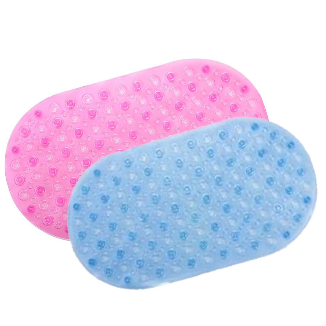 Savya Home Pack of 2 Nonslip Soft Rubber Bath Mat, Rain Mat for Bathtub and Shower, Anti Slip, Anti Bacterial, Machine Washable PVC Bath Mat for Bathroom | 65 x 36 cm | Pink & Blue