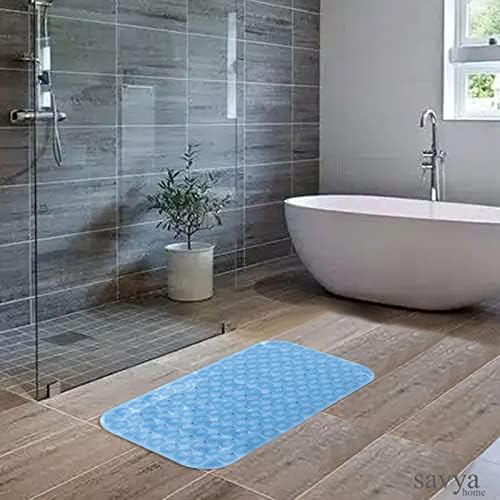 Savya Home Anti Skid Bath Mat for Bathroom, PVC Bath Mat with Suction Cup, Machine Washable Floor Mat (67x37 cm)|Light Green & Light Blue