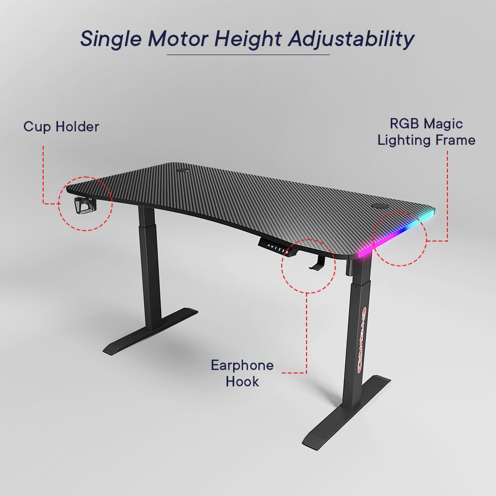 Savya Home Electric Height Adj. Engineered Wood Desk, Ergonomic Sit-Stand Desk with RGB Lighting Frame,Digital Display with Memory Preset Option, Cup Holder & Headphone Hook (160*60*(72-117) cm),Black