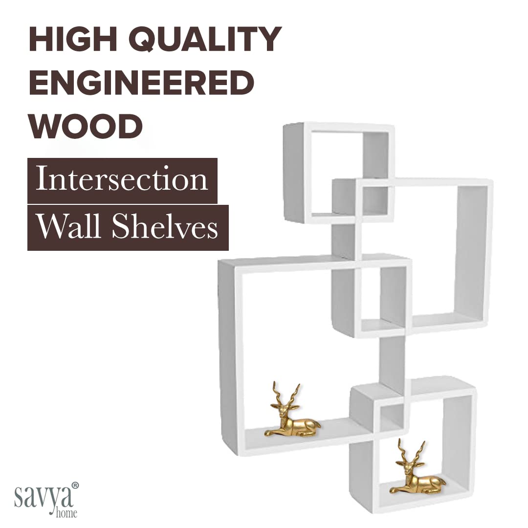 SAVYA HOME Set of 4 Intersecting Wall Mount Shelves | Ready to Assemble Wooden Shelf Durable Engineered Wood | Sturdy & Long Lasting Wall Shelf | 1 Piece | White