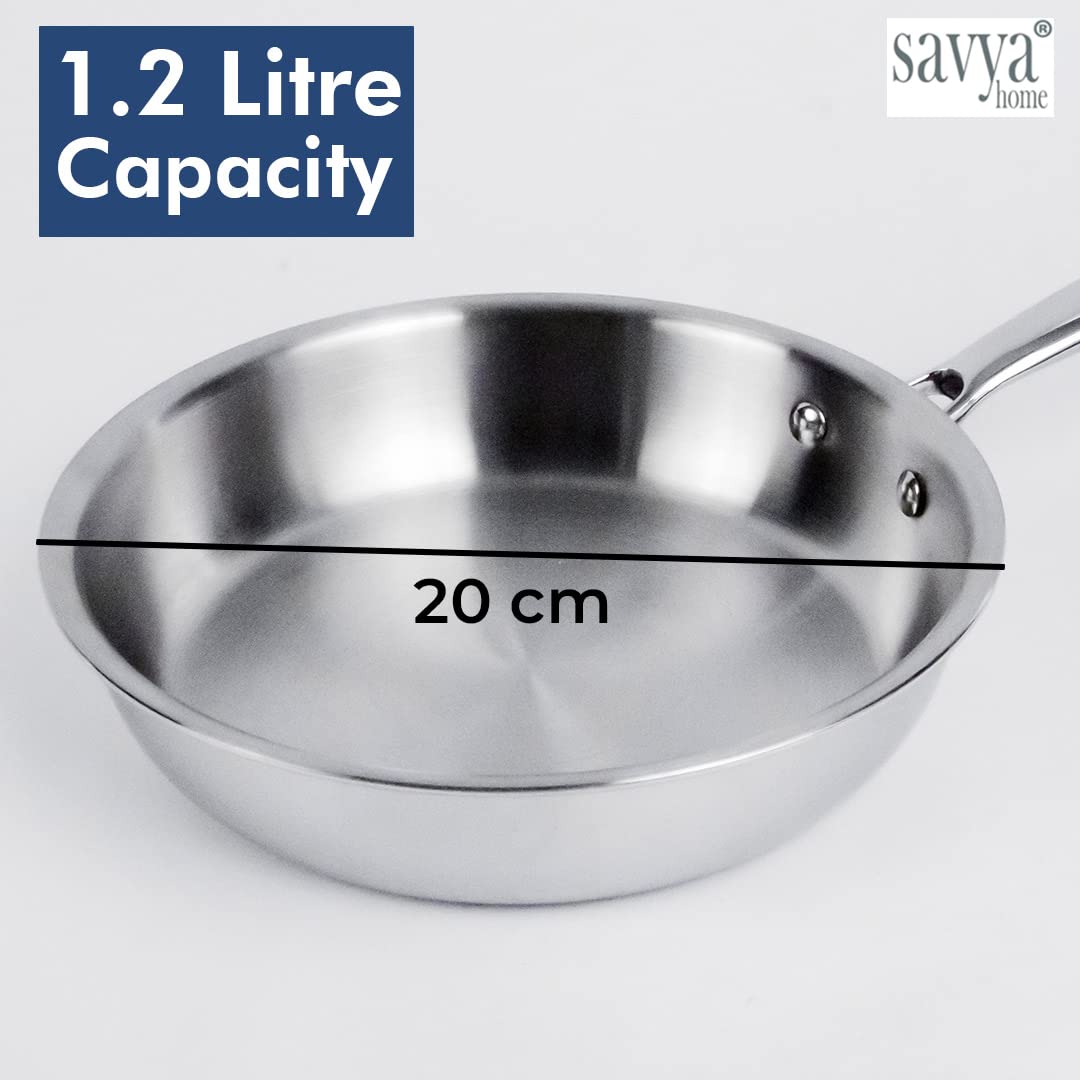SAVYA HOME Triply Stainless Steel Frying Pan | 20 cm | 1.2 L | Stove & Induction Cookware | Heat Surround Cooking | Easy Grip Handles | Stainless Steel Fry Pan