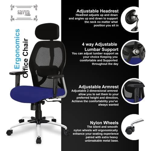 SAVYA HOME Apollo High Back Ergonomic Office, Work from Home Chair with 2D Adjustable Armrest, 2D Lumbar Support, Steel Base,Any Position Tiltlock Mechanism (Ergonomic Meshback, Blue, Qty-1)