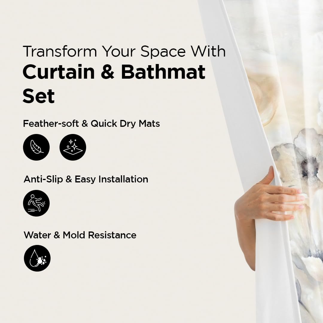 SAVYA HOME Shower Curtain (1) & Bathroom Mat (2) Set, Shower Curtains for Bathroom I, Waterproof Fabric I Anti Skid Mat for Bathroom Floor I Floral Beige, Pack of 3